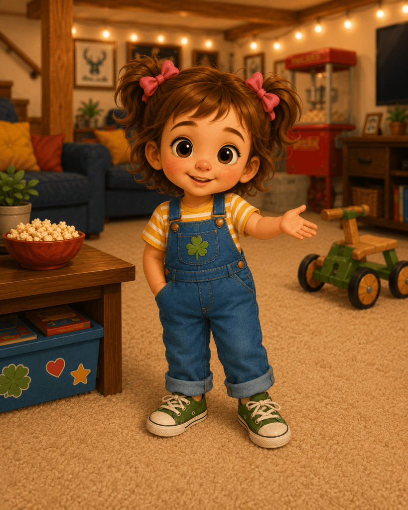 Clover smiles in her cozy basement playroom, wearing denim overalls, a yellow striped shirt, pink bows, and green sneakers.