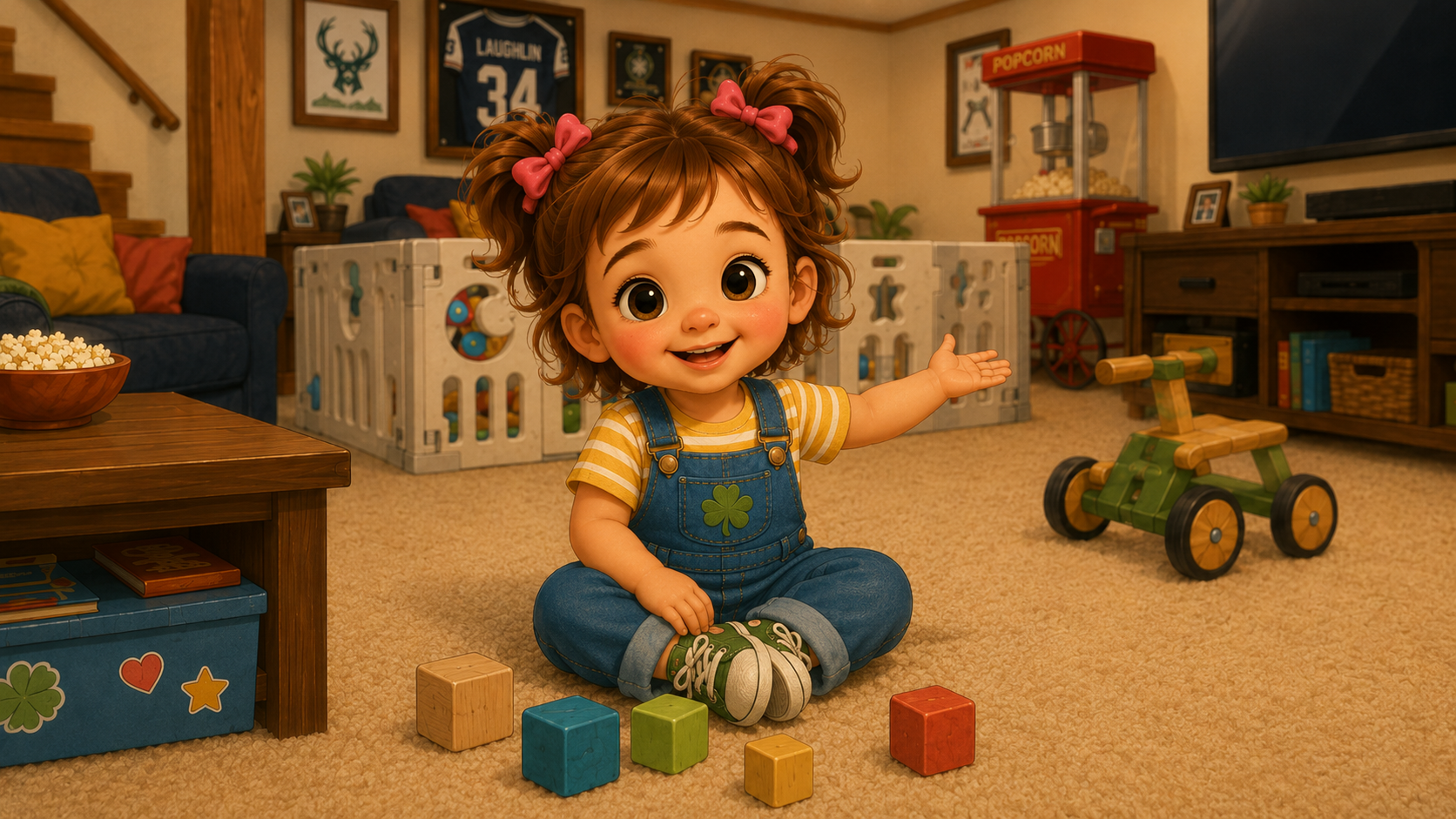 Clover smiles and welcomes visitors from her cozy basement playroom.