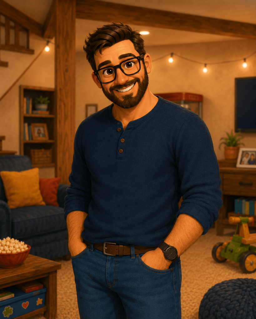 Daddy smiles in the Clover’s Corner family room, wearing black glasses, a navy shirt, and blue jeans.