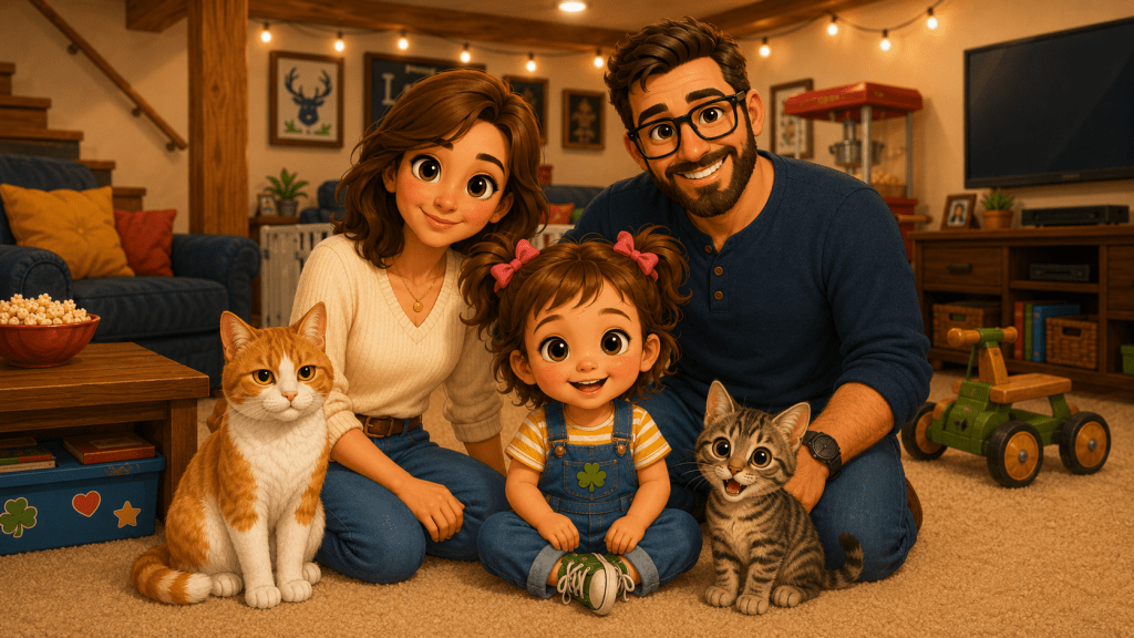Clover sits with Mommy and Daddy in the family basement, with Murphy and Kringle beside them.