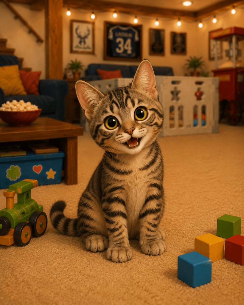 Kringle, a curious striped tabby kitten, sits among toys in Clover’s basement playroom.