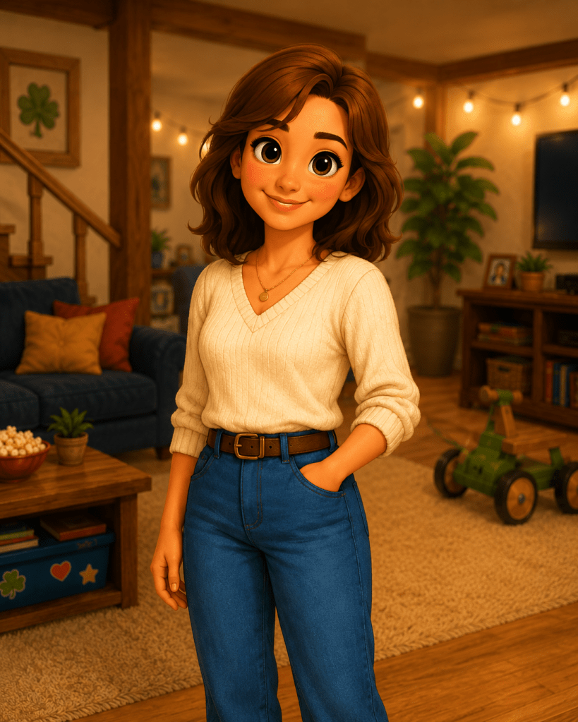 Mommy smiles warmly in the Clover’s Corner family room, wearing a cream sweater and blue jeans.