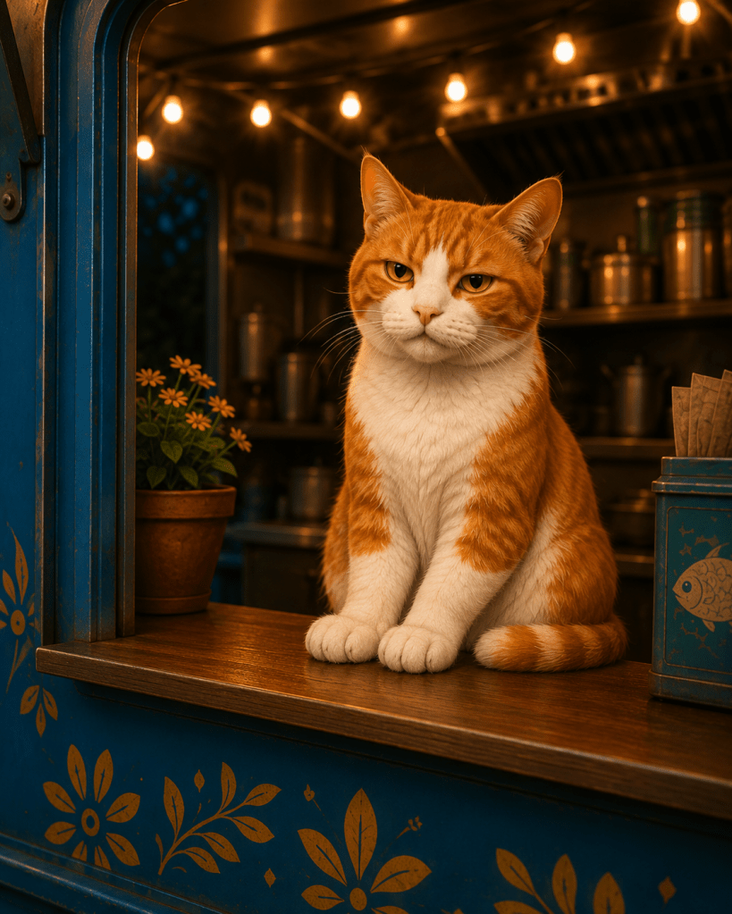 Murphy, an orange-and-white cat, sits seriously at the window of the Fish Taco Truck.