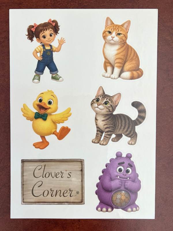 Clover’s Corner character sticker sheet featuring Clover, Murphy, Kringle, Dancing Duck, Change Monster, and the Clover’s Corner wooden sign.