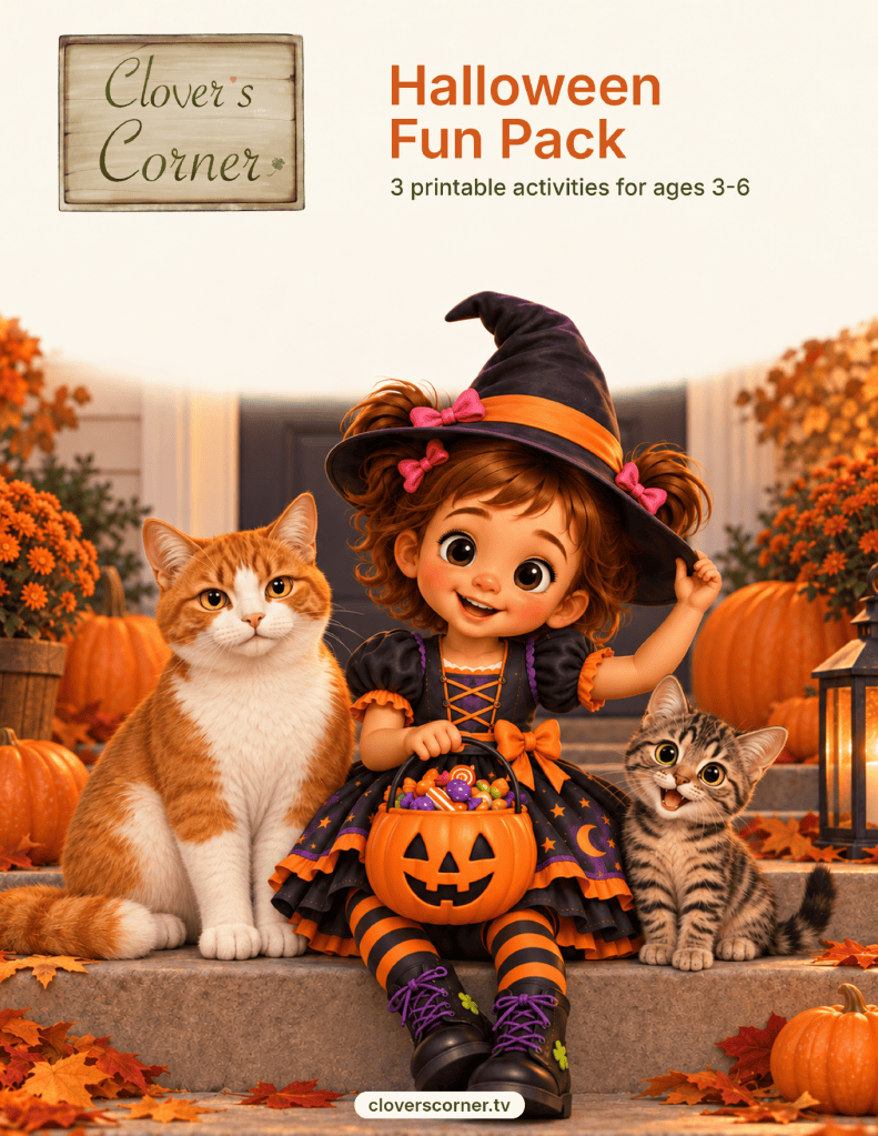 Clover in a Halloween witch costume with Murphy and Kringle on the Clover's Corner Halloween Fun Pack cover.